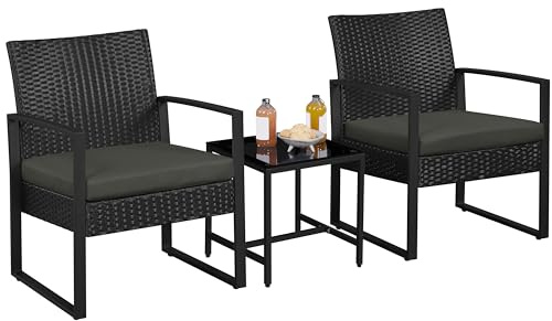Yaheetech 3-Piece Rattan Garden Furniture Set, 2 Seater Chairs & 1 Table for Balcony with Cushions for House/Porch/Garden/Backyard/Outdoor Use, Black/Gray