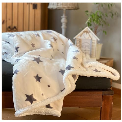 heimtexland ® Soft Touch Kuscheldecke Sterne Sherpa Plüsch XL 200x150 Ökotex Fell Wohndecke Creme Typ718