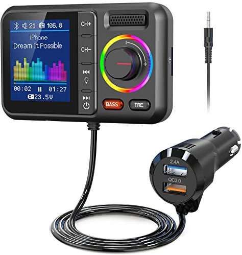 Nulaxy Bluetooth Adapter Auto FM Transmitter Bluetooth V5.0 Großer Bildschirm Unterstützung für Handfreie Anrufe Siri&Google MP3-Musik wiedergabe Subwoofer &TRE-Erweiterungen TF-Karte/AUX-KM28 Schwarz