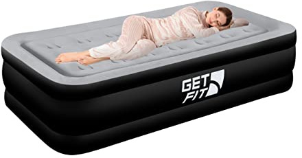 Get Fit Air Bed with Built In Electric Pump - Premium Single Size - Blow Up Bed with Free Pillow - Elevated Inflatable Air Mattress for Outdoor, Camping, Tents - Black/Grey
