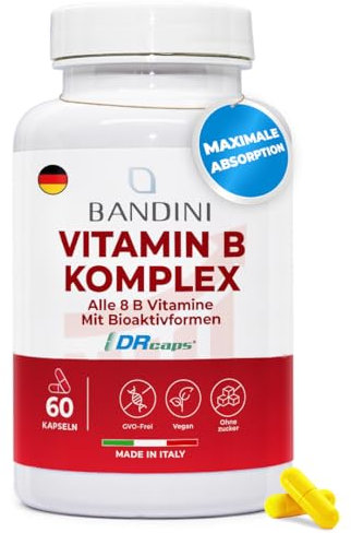Bandini® Vitamin B-Komplex hochdosiert | 60 magensaftresistente DR CAPS | Alle 8 B-Vitamine B1, B2, B3, B5, B6, B7, B9, B12 + PABA, Betain, Cholin, Inositol | 1 Kapsel/Tag für 2 Monate Versorgung