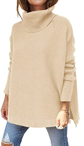 Rayson Maglione da Donna a Collo Alto Pullover in Maglia Casual Tinta Unita Pullover Manica Lunga Manica a Pipistrello Stare al Caldo in Inverno（Beige,L