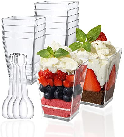 PALUDO 150ml Mini Dessert Cups with Spoons, 50 Pack Reusable Clear Square Plastic Dessert Cups, Cheesecake Pots, Multi-use Serving Dessert Bowls for Mousse Puddings Desserts Party Supplies