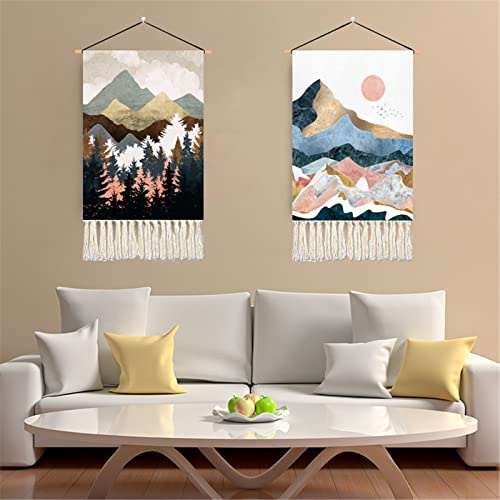 CULASIGN 2 stycken makramé vägghängd vävd gobeläng, berg skogar sol måne fåglar och hjortlandskap, boho dekoration väggdekoration, väggmatta, chic väggdekoration, sovrum, heminredning (landskap A)