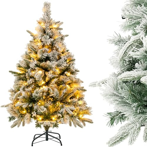 COSTWAY Konstgjord julgran med snö och belysning, 136 cm gran med 150 varma vita LED-lampor, 384 blandade grenspetsar, julgran, konstträd, jul för hem, grön