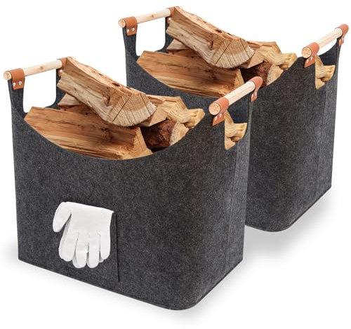 FINEW Holzkorb für Kaminholz 2er Set, Kaminholzkorb mit Handschuhen, Faltbarer Filztaschen aus Filz, Große Filzkorb Filztaschen Feuerholzkorb zur Aufbewahrung von Brennholz, Zeitungen, Holz, Spielzeug