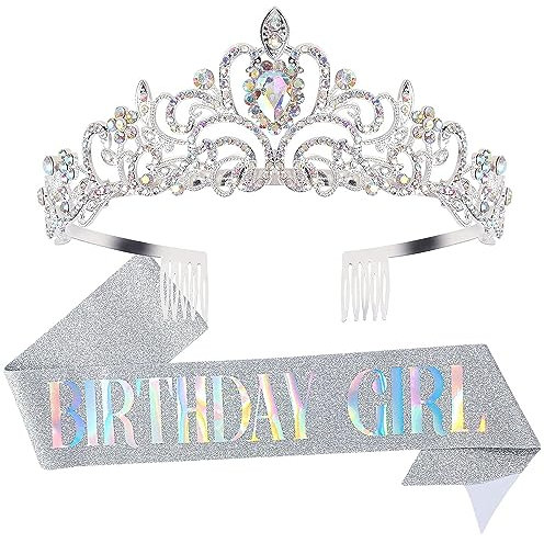 Ensemble écharpe et diadème en strass pour fille et femme - Décoration d'anniversaire (argenté)