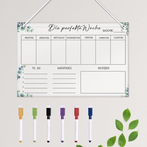 Wochenplaner Abwischbar 30 * 20CM Wochenplaner aus Acrylglas Aufhängen Wochenkalender Familienplaner Wochenkalender Planungstafel Wandplaner mit Markers, Lanyards und Haken für Büro Schule Küche