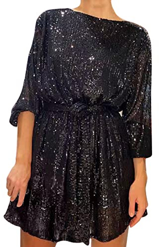 Robe de Cocktail Courte Paillette Nouvel An Grande Taille Soirée Sexy Col Rond Tunique Avec Ceinture Pour Mariage Invité Chic Fete Réveillon