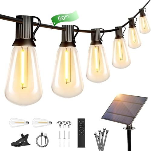 OHLUX 60FT/18m Solar Lights Outdoor Garden, Outside String Lights with Remote, 27 Dimmable ST38 LED Bulbs, IP65 Waterproof, Shatterproof, 2200K, E12 Hanging Light for Patio, Party, Canopy, Deck