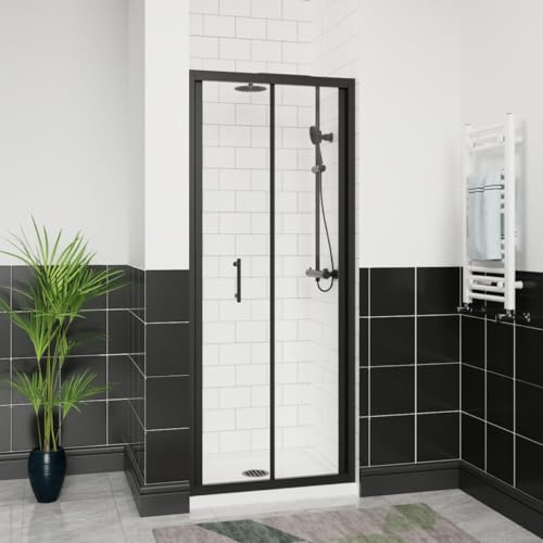 Aquariss 700 mm Bifold Shower Door Enclosure Inward Opening Matte Black | Aluminum Profile, 6 mm Tempered Easy Clean Glass, Bathroom Space Saving Shower Cubicle, Reversible, Zinc Alloy hinge