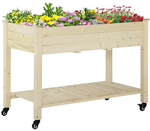 Outsunny Letto per Orto Rialzato in Legno con Rotelle, Fioriera Rialzata con Ripiano Inferiore, 118x55x83cm, Legno Naturale