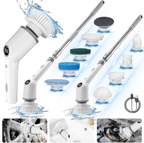 Elektrische Reinigungsbürste, Elektrische Bürste mit 9 Bürstenköpfe, Led Anzeige Spin Scrubber,3 einstellbare Geschwindigkeit, für Bad, Fliesenboden und Auto