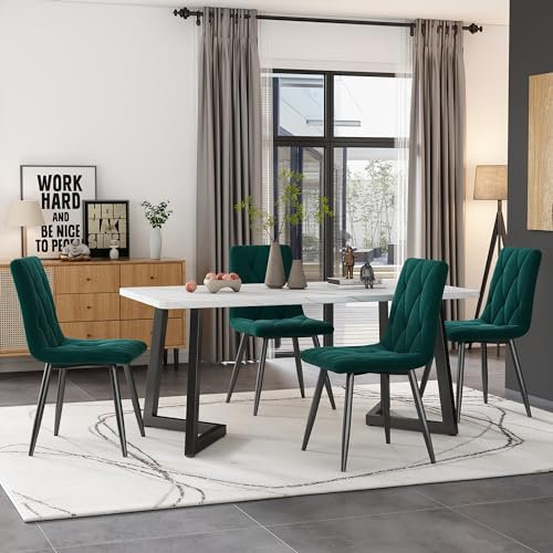 Matgrupp – rektangulärt matbord (117 x 68 cm) + 4 stolar i smaragdgrön sammet – modern design med marmorutseende – svarta metallben – elegant matset för kök, vardagsrum,