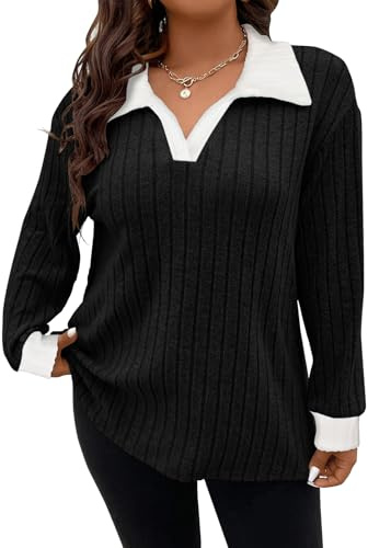 Gemulate Plus Size Jumpers for Women Long Sleeve Tops Ladies Lightweight Striped Oversized Sweater Tshirts and Sweatshirts XL-5XL