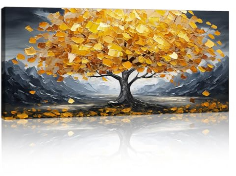 FajerminArt Cadre en Bois Grande Impression sur Toile Floraison Jaune Fortune Arbre Image sur Toile Peintures sur Toile Moderne Mural Tableau Decoration Murale Salon Chambre prêt à accrocher 50x120cm