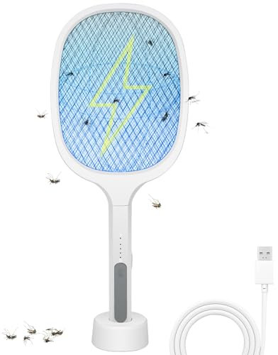 OZAVO Elektrische Fliegenklatsche, 3000V USB Fliegenfänger Zapper mit LED Licht, 2-in-1 Elektro Mückenklatsche und UV Mückenlampe Ladebasis