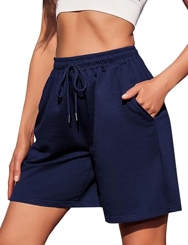 Jezonga Shorts dam korta sportbyxor bomull sport shorts sommar lösa lediga byxor med fickor hög midja elastisk linning joggingbyxor korta shorts till gym fitness löpning tennis, Mörkblå, L