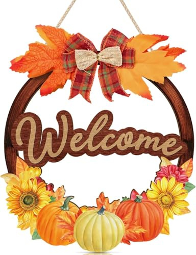 ANHUIB Fall Front Door Welcome Sign Decor Fall Wreaths Welcome Door Hanger Thanksgiving Pumpkin Wooden Wall Decor Autumn Sign for Harvest Outdoor Indoor Window Wall Yard Thanksgiving Home Decoration