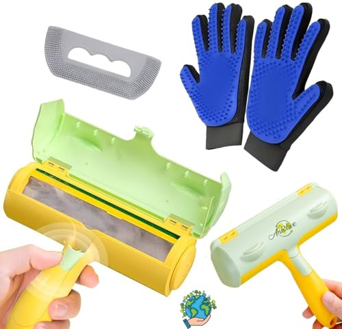Anlolive Quitapelos para Mascotas – Rodillo quitapelos Reutilizable, 2 Guantes quitapelos Mascota y Cepillo – para pelos de Perros y Gatos, Sin Pegamento ni Baterías, Alternativa Ecológica y Duradera