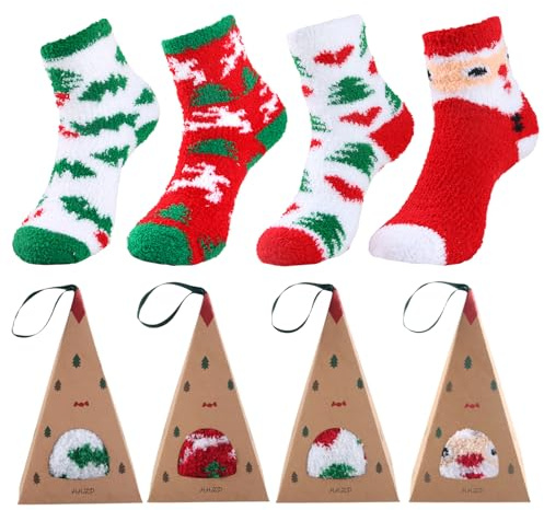 yisight Chaussette de Noel, Coffret Cadeau 4 Paires de Chaussette de Noël, Chaude Femme, Chaussettes Laine Femme, Chaussettes de Noël Mignonnes (B)