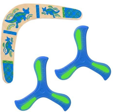 ZexJpr Juego de 3 boomerang para juegos al aire libre y juegos de playa, juguetes de jardín con diseño de deslizador, 35 cm de canguro azul y 2 boomerangs que brillan en la oscuridad