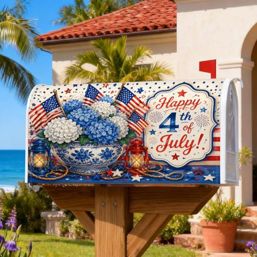 Copertura magnetica per cassetta postale, motivo ortensie, bandiera americana patriottica rustica, lanterna per il giorno dell'indipendenza, copertura blu per cassetta della posta per esterni e