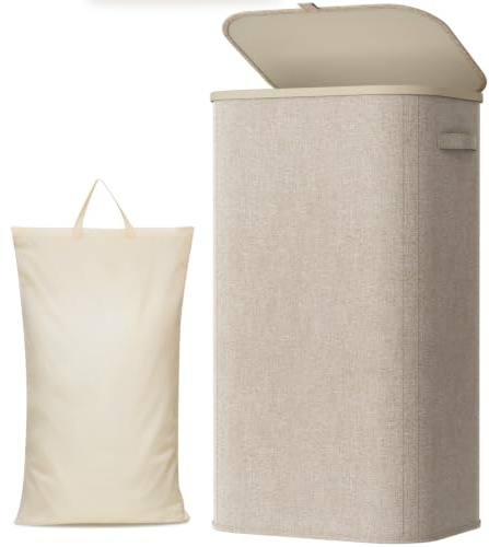 Lifewit Cesto plegable para ropa sucia con tapa – 100 L, Estructura de plástico resistente, Ideal para baño y dormitorio, Beige