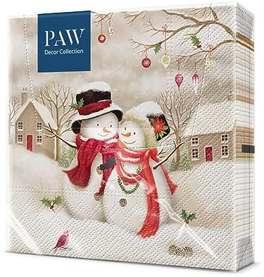 PAW - Serviette Papier - 3 Plis (33 x 33 cm) I Lot de 20 I Serviette de Table Papier avec un Motif de Noël, d'hiver et de Neige I Décoration de Table Idéale pour Noël (Snowy Family)