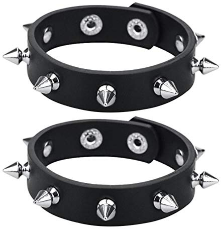 macoking 2 Pack Leather Bracelet Punk Spike Rivet Cuff Metal Studded Black Wristband