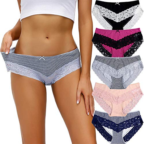 HAIBI Femme Culotte Slips Lot De 5 Culottes Sexy en Coton en Dentelle pour Dames Doux Confort Femme Culottes Extensibles À Taille Mi-Haute sans Couture, L