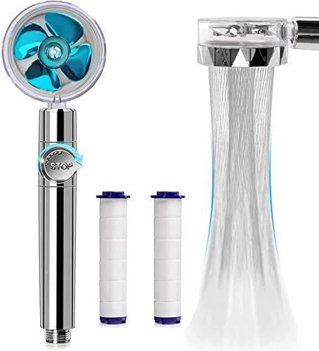 Soffione doccia a risparmio idrico ad alta pressione, girevole a 360 gradi, con filtro, soffione doccia turbo spa con ventilatore e interruttore (blu)