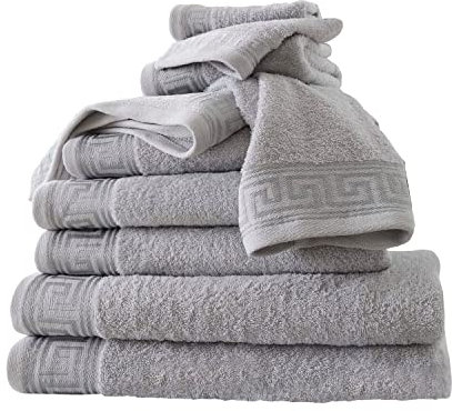 GC GAVENO CAVAILIA Greek Key 8 Piece Towel Bale Set – 500 GSM 100% Egyptian Cotton Towels, Super Absorbent & Quick Dry Bathroom Set - 4xFace, 2xHand & 2xBath Towels for Hotel, Spa & Gym - Grey