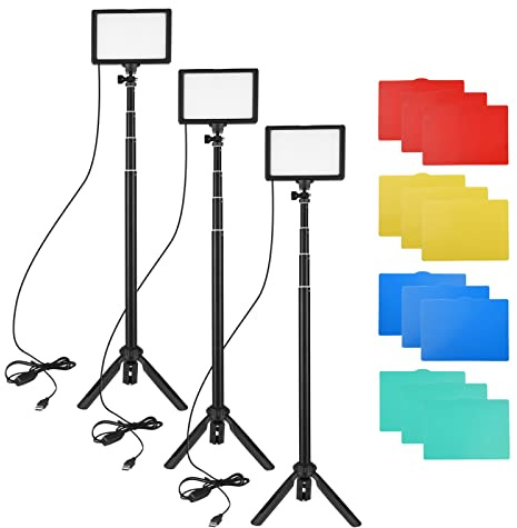 3-pack USB LED videoljus-kit fotografering 3200K-5500K 120 st pärlor 14-nivåers dimbar med 148 cm/58 tum justerbar höjd stativ 5 st vit/röd/låg/grön/blå filter