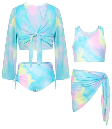 GRACE KARIN Mädchen Badeanzug Rash Guards Schwimmanzug Langarm Oberbekleidung Bademode Blau Grün 8 Jahre