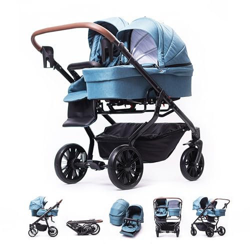 ZEKIWA Geschwisterwagen 3 in 1 [+ SPORTWAGENAUFSATZ] Zwillingswagen 3 in 1, Gestell schwarz + Wickeltasche + Regenschutz Kinder Duo - Zekiwa DreamDuo Azur