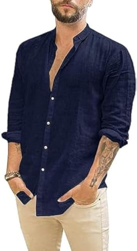 Runcati Camicia da uomo in lino, a maniche lunghe, estiva, da spiaggia, casual, vestibilità regolare, per il tempo libero, camicie, Blu scuro, XL