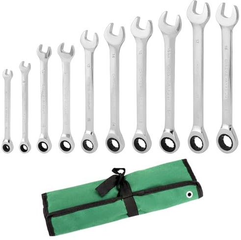 QWORK® 10 Piezas Llaves de Carraca 8-19 mm, 72 Dientes Llave de Trinquete Combinada, Llave de Trinquete de Cabeza Fija, Llave Combinada Abierta con Bolsa de Almacenamiento