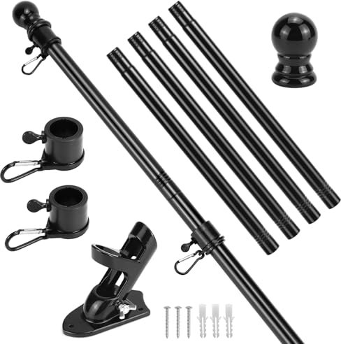 QWORK® Kit de Porte Drapeau Extérieur - Mat Drapeau Métallique 150 cm avec Support Mural, Tête de Coude e Anneau de Rotation - Suspension 45°/90° - Longueur Ajustable