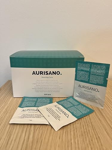 AURISANO Hörgeräte Reinigungstücher 100 Stk - Großzügige Größe 18,5*11,5cm - Feuchte Reinigungstücher Hörgeräte Einzeln Verpackt - Entfernt Ohrenschmalz und Schmutz - Zertifiziertes Hörgeräte Zubehör