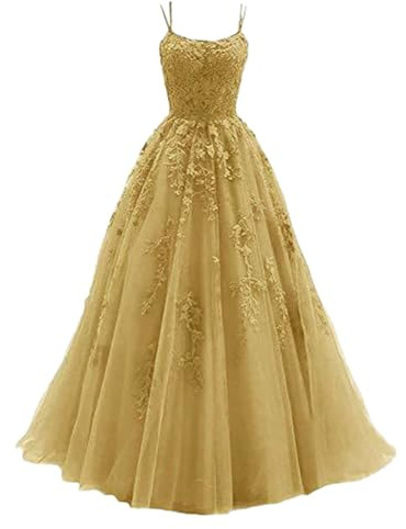 Generisch 2025 - Robe pour femme avec bretelles spaghetti, longue robe de soirée avec tulle appliques en dentelle robe noire élégante dentelle, or, M