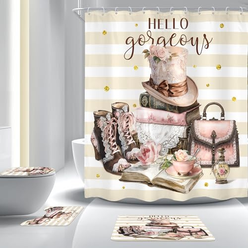 Cinbloo 4Pcs Pink Brown Shower Curtain Set, Vintage Fashion Lace Flower Beige White Striped Books Boots Cups Bathroom Curtain with Rug, Toilet Lid Cover, Bath Mat, Women Shower Curtain with 12 Hooks