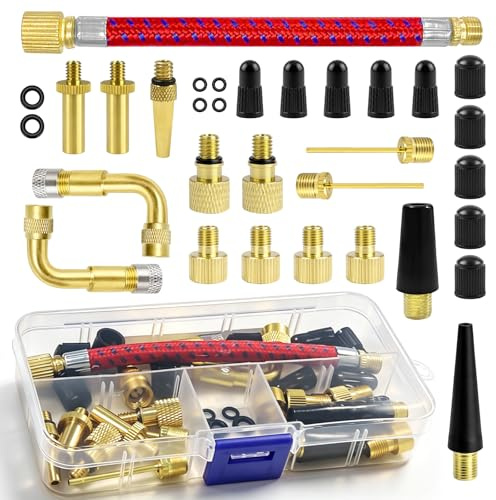 Coco Berming Set di 32 Pezzi Adattatori per Valvole Bicicletta, Kit Gonfiaggio per Ruote, Palloncini e Materassini, Include Tubo Flessibile e Adattatori per Valvole DV, SV e Francesi (Oro)