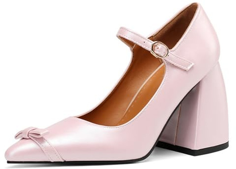 Qynthra Pumps Mary Jane Punta Afilada Lazo Tacón de Bloque Tacón Alto Pumps de Vestir Court Zapatos para Fiesta Nocturna y Eventos Formales,Rosado,39 EU
