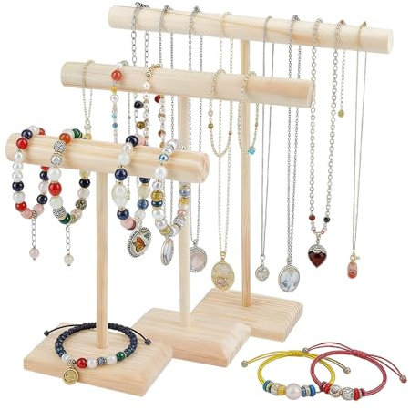 Junhonze 3 Pezzi Espositori Per Gioielli In Legno - Porta Collane - Porta Bracciali - Espositore Collane, Staccabile A Forma Di T, Portagioielli Per Collane, Bracciali, Orecchini, Orecchini E Anelli