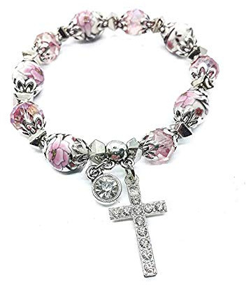 Nazareth Store Rosary Bracelet Christian Charm Crystallized Pink Beads Decorated with Flowers and Silver Cross