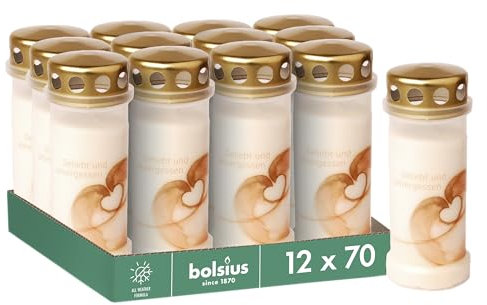 Bolsius - Velas para tumbas - Velas con motivo - Luz de tumba -12 unidades - 70 horas - Memorial - Quemador permanente con corazón Motif - 17 cm