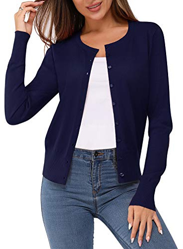 Newshows Women's Solid Button Down Long Sleeve Classic Crew Neck Knit Cardigan Sweater(Navy,Large)