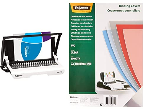 Fellowes CRC56275 Rilegatrice Star+ 150 a Dorsi Plastici, Capacità di Rilegatura 150 Fogli + Fellowes Copertine per Rilegatrice in PVC trasparente, 200 mic, 100 Pezzi, A4