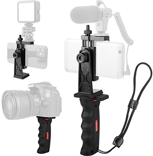 Vlogging Holder, Cell Phone Camera Handle Grip Stabilizer, Ergonomic Phone Video Stabilizer, Handheld Selfie Stick Smartphone Holder with Cold Shoe Mount for Mic/Flash Light, Wrist Strap